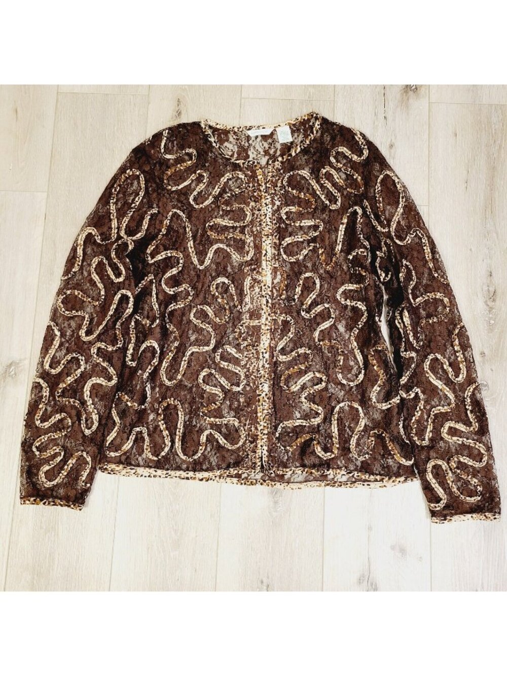 Vtg Laura Ashley Sheer Boho Long Sleeve Blouse Animal Print Lg Lace Zip Front